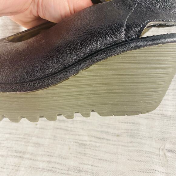 Fly‎ London Black Leather Yala Wedge Peep Toe Ankle Strap Size 37/6.5 - Picture 7 of 10